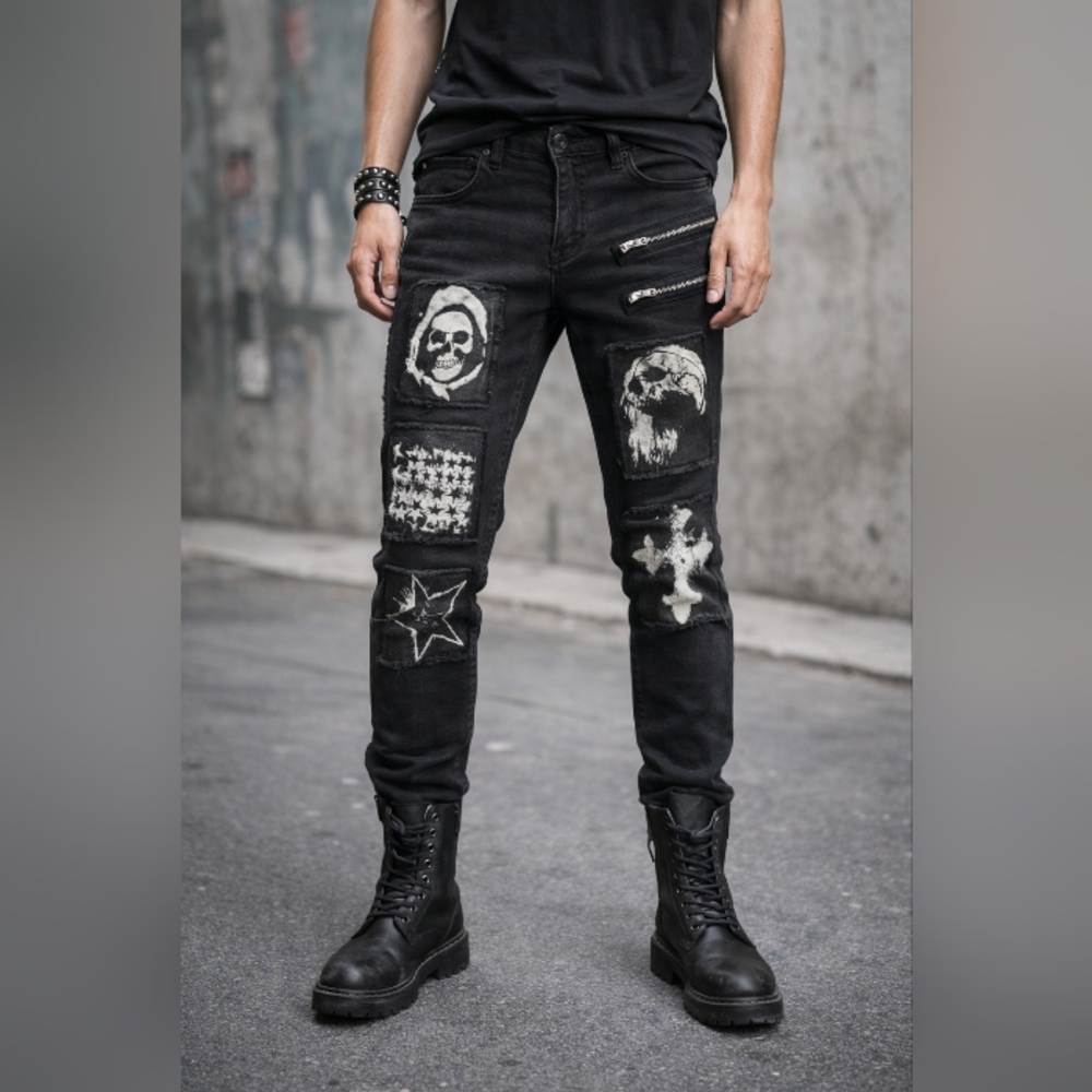 Mens HOT TOPIC Black Skull Skinny Jeans 36x32 Gothic Grunge Zippers Skater Pants